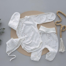 Набір 3в1: Боді, повзунки та шапочка на зав’язках Трикутники Молочний (Рубчик) 56 (0-1міс)