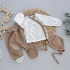 Набір 3в1: Льоля, повзунки та шапочка на зав’язках Горошок Кавовий (Футер - з начосом) 56 (0-3міс)