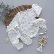 Набір 3в1: Боді, повзунки та шапочка на зав’язках Ведмедик зайчик Молочний (Футер - з начосом) 62 (1-3міс)