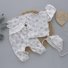 Набір 3в1: Льоля, повзунки та шапочка на зав’язках Котики Рожевий (Футер - з начосом) 56 (0-1міс)