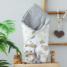 Плед зі з‘ємним утеплювачем та бантом-резинкою Ведмедик Бежевий/ Сірий плюш 90/80