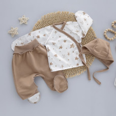 Набір 3в1: Льоля, повзунки та шапочка на зав’язках Зірки Кавовий (Футер - з начосом) 56 (0-3міс)
