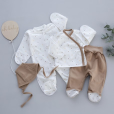 Набір 4в1: Чоловічок, льоля, повзунки та шапочка на зав’язках Горошок Кавовий (Футер - з начосом) 56 (0-3міс)