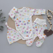 Набір 3в1: Боді, повзунки та шапочка вузлик Сердечка Різнокольорові (Інтерлок) 62 (3-6міс)