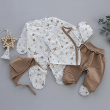 Набір 4в1: Чоловічок, льоля, повзунки та шапочка на зав’язках Зірки Кавовий (Футер - з начосом) 56 (0-3міс)
