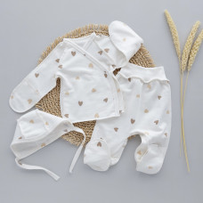 Набір 3в1: Льоля, повзунки та шапочка на зав’язках Сердечка Бежевий (Футер - з начосом) 56 (0-3міс)