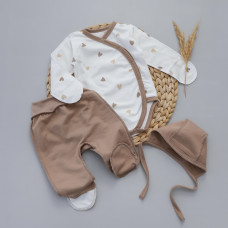 Набір 3в1: Боді, повзунки та шапочка на зав’язках Сердечка Кавовий (Футер - з начосом) 56 (0-3міс)