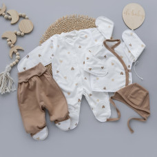 Набір 4в1: Чоловічок, льоля, повзунки та шапочка на зав’язках Сердечка Кавовий (Футер - з начосом) 56 (0-3міс)
