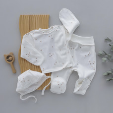 Набір 3в1: Льоля, повзунки та шапочка на зав’язках Трикутники Молочний (Рубчик) 56 (0-1міс)