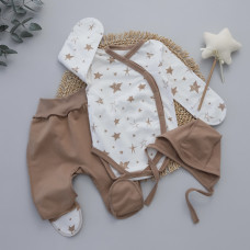 Набір 3в1: Боді, повзунки та шапочка на зав’язках Зірки Кавовий (Футер - з начосом) 56 (0-3міс)