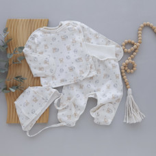 Набір 3в1: Льоля, повзунки та шапочка на зав’язках Ведмедик зайчик Молочний (Футер - з начосом) 56 (0-1міс)