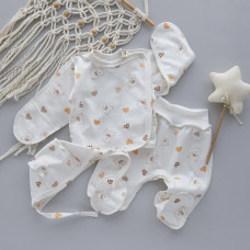 Набір 3в1: Льоля, повзунки та шапочка на зав’язках Сердечка Ведмедики (Футер - з начосом) 62 (1-3міс)