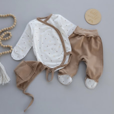 Набір 3в1: Боді, повзунки та шапочка на зав’язках Горошок Кавовий (Футер - з начосом) 62 (3-6міс)