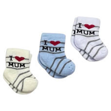 Шкарпетки 3 пари: Молочний, блакитний, білий в смужку I love mum (махрові) 56 (0-3міс)