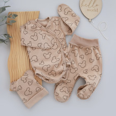 Набір 3в1: Боді-розпашонка, повзунки та шапочка Міккі Бежевий (Рубчик) 62 (3-6міс)