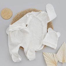 Набір 3в1: Боді-розпашонка, повзунки та шапочка Молочний (Рубчик) 56 (0-3міс)