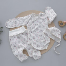 Набір 3в1: Боді, повзунки та шапочка на зав’язках Котики Рожевий (Футер - з начосом) 56 (0-1міс)