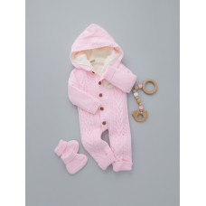 Комбінезон вʼязаний утеплений (Natural Wool) та пінетки Рожевий косичка широка 62 (3-6міс)