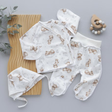 Набір 3в1: Льоля, повзунки та шапочка на зав’язках Ведмедик на хмаринці (Інтерлок) 56 (0-1міс)