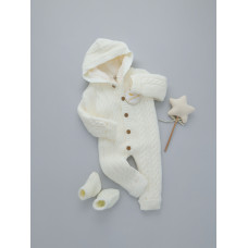 Комбінезон вʼязаний утеплений (Natural Wool) та пінетки Молочний косичка 62 (3-6міс)