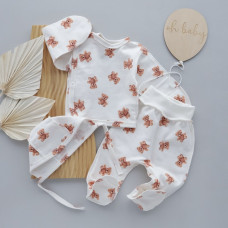 Набір 3в1: Льоля, повзунки та шапочка на зав’язках Ведмедики плюшевий (Футер - з начосом) 62 (3-6міс)