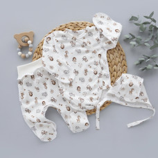 Набір 3в1: Боді, повзунки та шапочка на зав’язках Звірята Бежевий (Інтерлок) 56 (0-1міс)