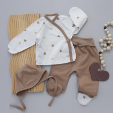 Набір 3в1: Льоля, повзунки та шапочка на зав’язках Сердечка Кавовий (Футер - з начосом) 56 (0-3міс)