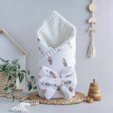 Плед зі з‘ємним утеплювачем та бантом-резинкою Пір‘їнки Коралові /Молочний плюш 90/80